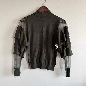 Stylish Elegant Olive Green Ruffle Mesh Sheer Sleeve Pullover Sweater Women sz S